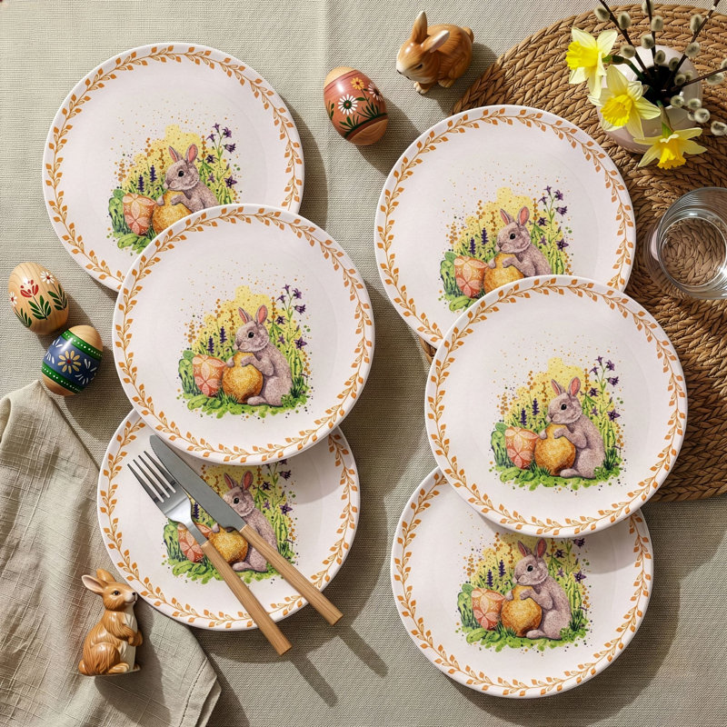 Ensemble de 6 assiettes élégantes de Pâques, 100% céramique, 10,0 x 10,0 x 1,0 po | Va au lave-vaisselle et au micro-ondes | Parfait pour les rassemblements des Fêtes et les fêtes, conception durable et élégante pour chaque table