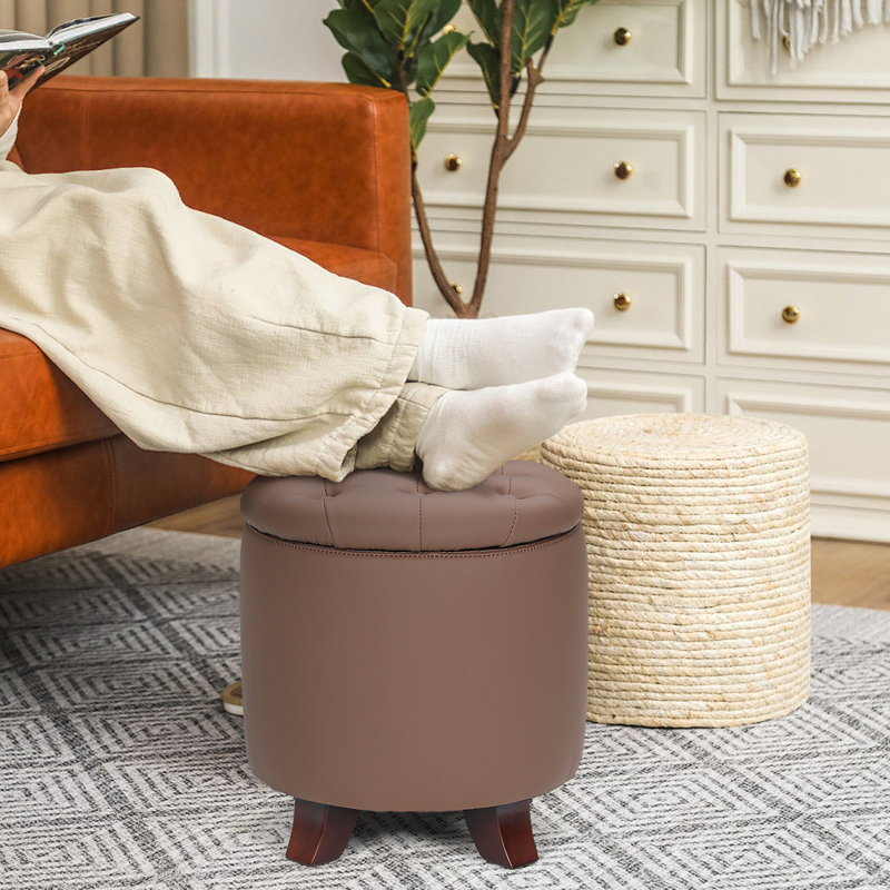 Storage Ottoman With Padded Seat, Modern PU Leather Footrest, Round Stool For Living Room Bedroom, Brown