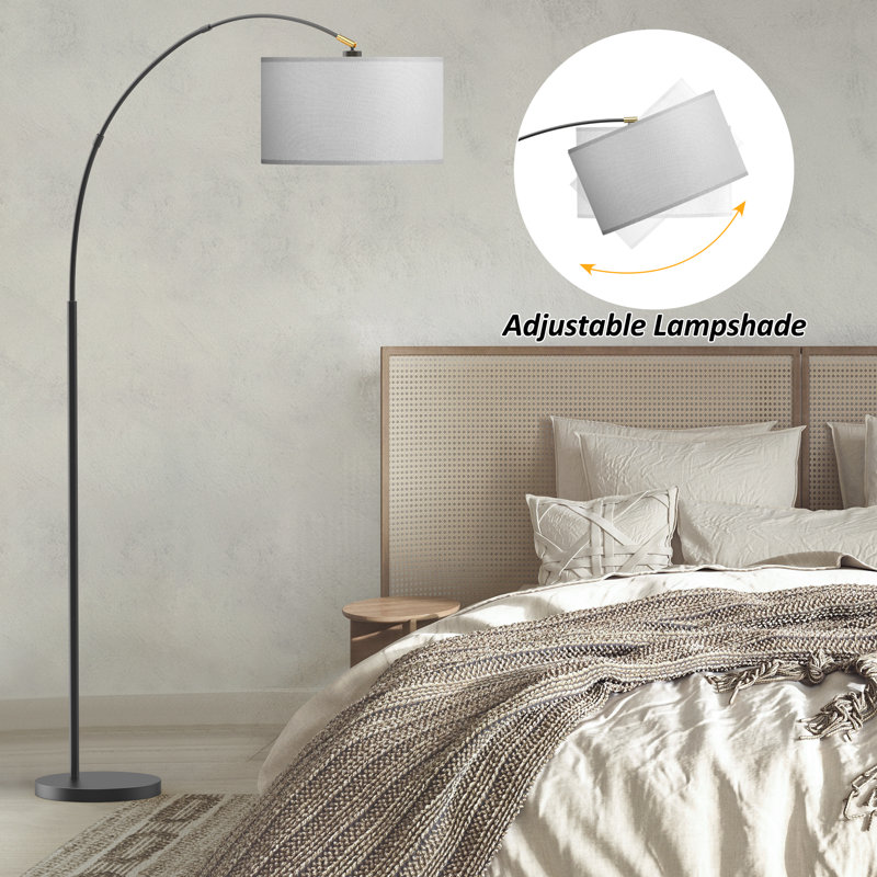 Lampe sur pied arquée 78,7 po Asem avec télécommande, ampoule DEL incluse et grand abat-jour Asem, Gris clair, Noir mat
