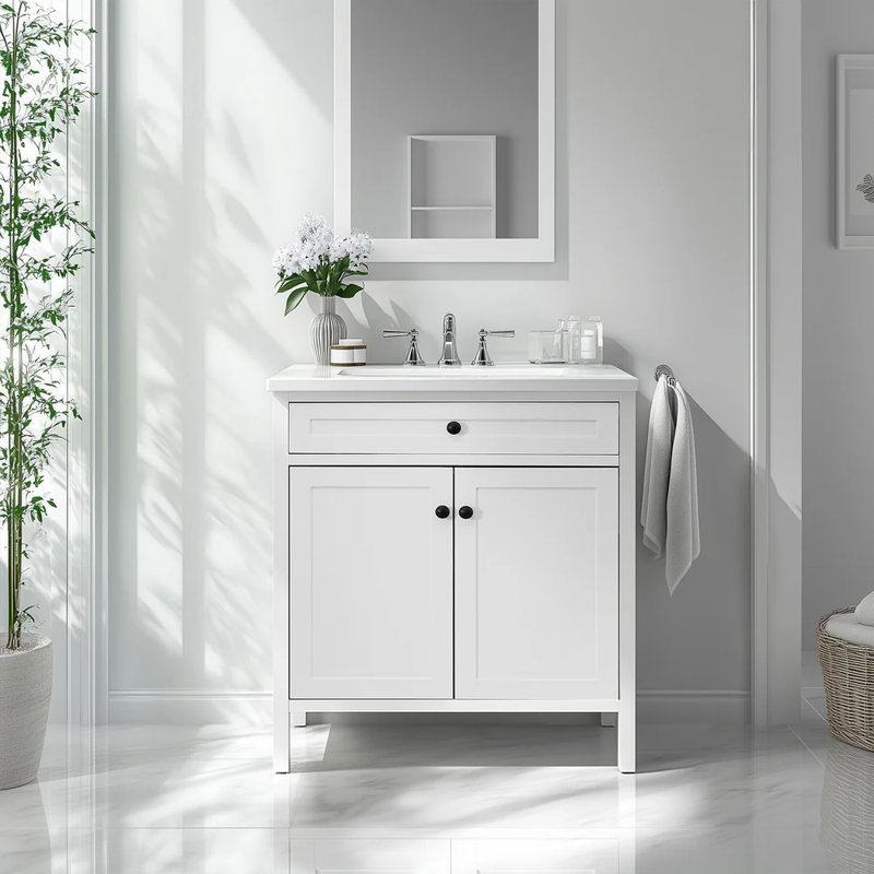 Ensemble de meuble-lavabo sur pied simple 24 po avec lavabo Modern, Blanc, Noir