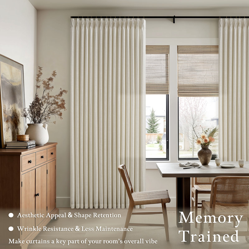 Thick Linen Fabric Memory Trained Pinch Pleated Solid Farmhouse And Modern Rustic Curtain 2 Panels , 50" W x 108" L, Linen