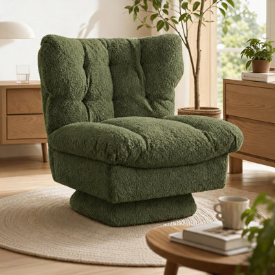 Set of Two Green Plush Fabric Rotating Accent Chairs with Six Channel Tufting and Curved Wingback Design Upholstered Lounge Seating for Living Room Bedroom Apartment Reading Corner and Relaxing