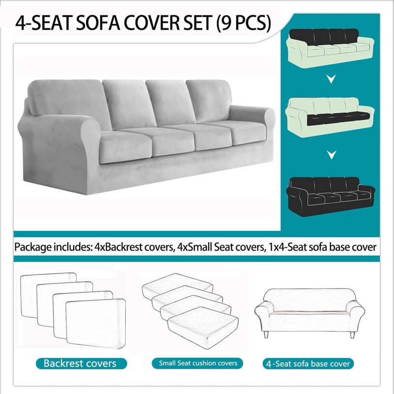 Sofa Cover With Separate Seat Cushions And Backrests Stretch Velvet Sofa Slipcover Couch Covers Furniture Protector Split Combined (4 Seat Set 9 PCS)
