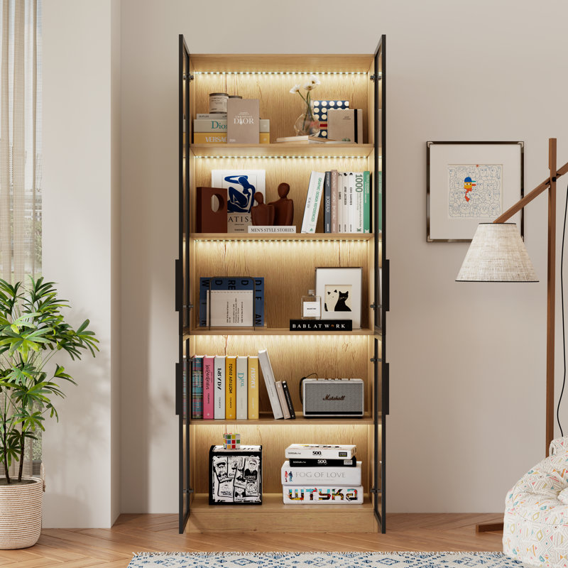 Vitrine haute 78,7 "avec porte vitrée, éclairage ambiant à DEL multicolore, grande bibliothèque à 5 niveaux avec armoire de rangement pour le salon, naturel