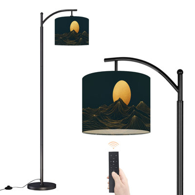 Arc Floor Lamp with Adjustable Lampshade Botanical Spring Decor Golden Sun Mountain Landscape Standing Lamp 3 Colour Temperatures Dimmable Tall Pole Lamp with Foot Switch for Bedroom