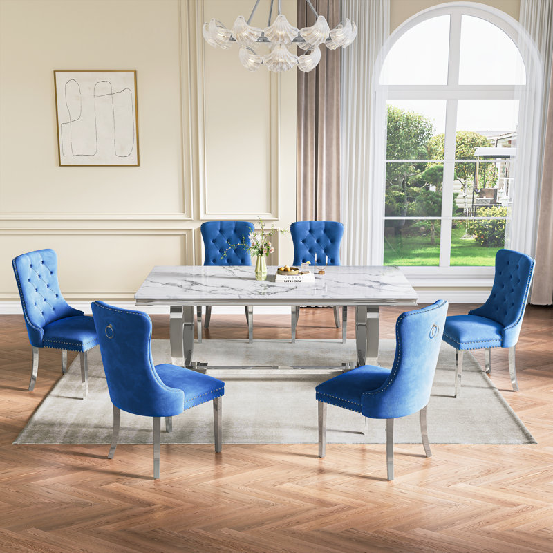 Rectangular 70.1"L X 35"W Dining Set, Bleu / Argent, Blanc / argenté, 7 pièces : table, 6 chaises