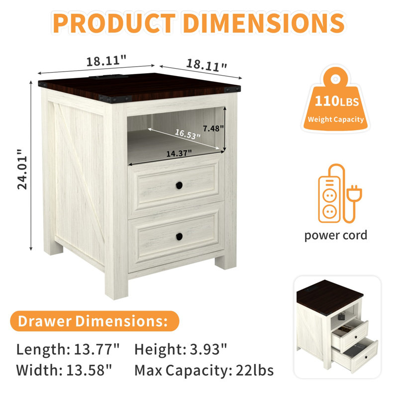 Nightstands With Charging Station, Rustic 18 Inch Bedside Table With 2 Storage Drawers And Open Shelf, White, Individual
