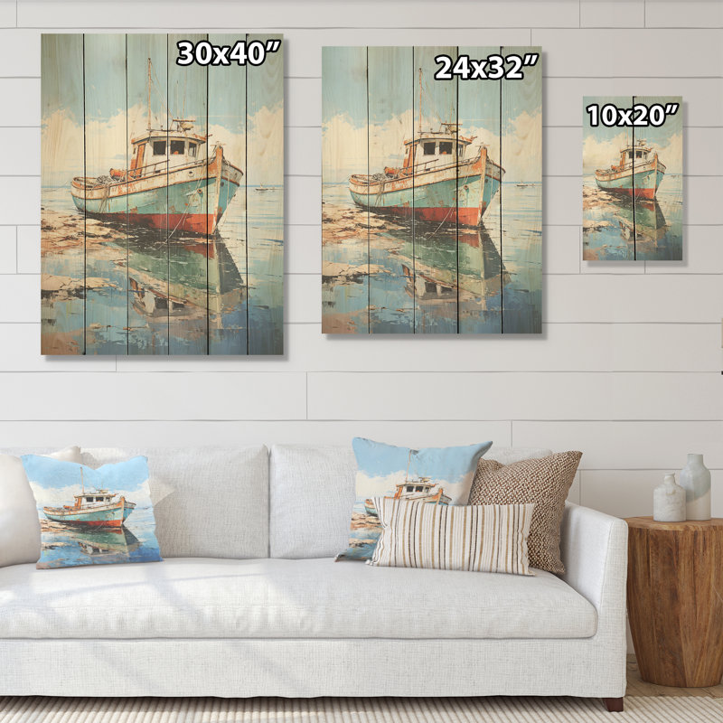 Bateau de pêche au port I - Bateau côtier, art mural sur bois de pin naturel, H 20 po x l 10 po