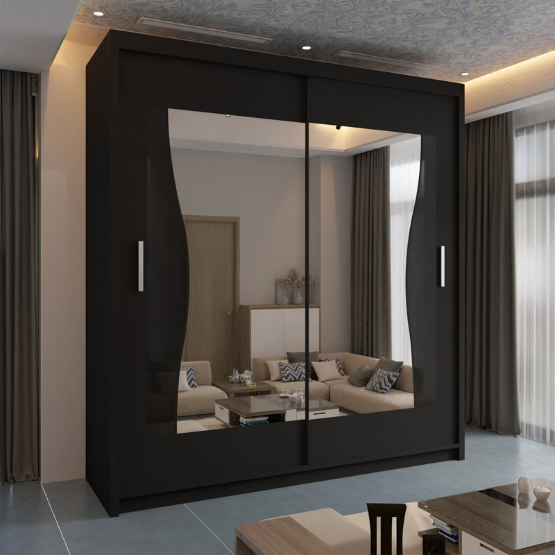 Modern Sliding Door Wardrobe with Mirrored Glass Finish – Multiple Sizes (120cm, 150cm, 180cm, 203cm), Black