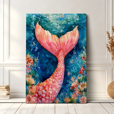 Coastal Watercolor Pink Mermaid Tail Coral Reef Underwater Ocean Wall Art Graphic Print 36x24 Inch - Kids Bedroom Bathroom Decor