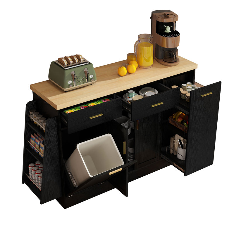 48.8" Kitchen Island Kitchen Cart on Wheels, Kitchen Bar Table with Tilt Out Trash Can Storage Cabinet, Black
