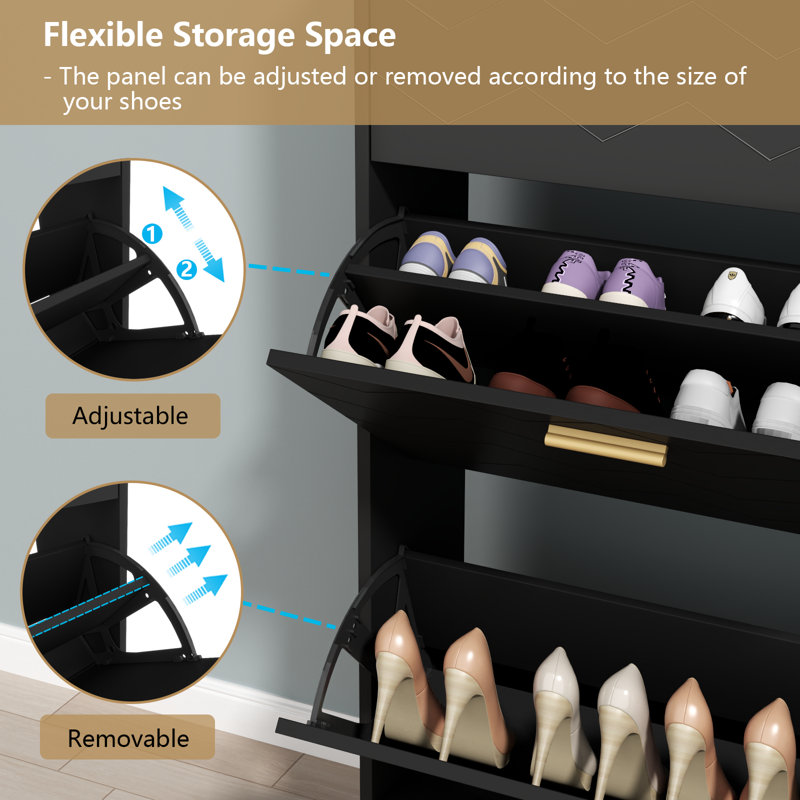 Black Modern MDF Shoe Storage Cabinet with Gold Handles