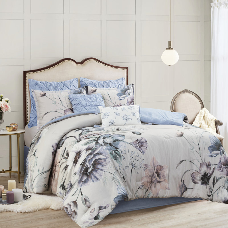 Édredon 8 pièces en coton bleu grand - style Shabby Chic avec accent floral, intérieur, comprend 1 édredon, 2 taies décoratives européennes, 3 coussins décoratifs, jupe de lit, composants de literie lavables à la machine