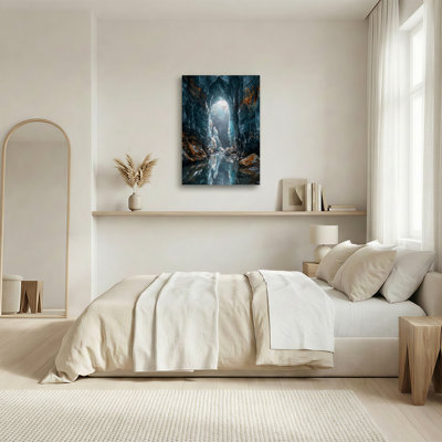 Art mural sur toile, "Blue Ice Cave" avec taches orange et reflet de l'eau