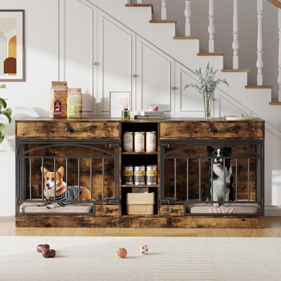 Meuble double pour cage de chien, chenil d'intérieur avec rangement et bols, meuble télé pour petits chiens de taille moyenne