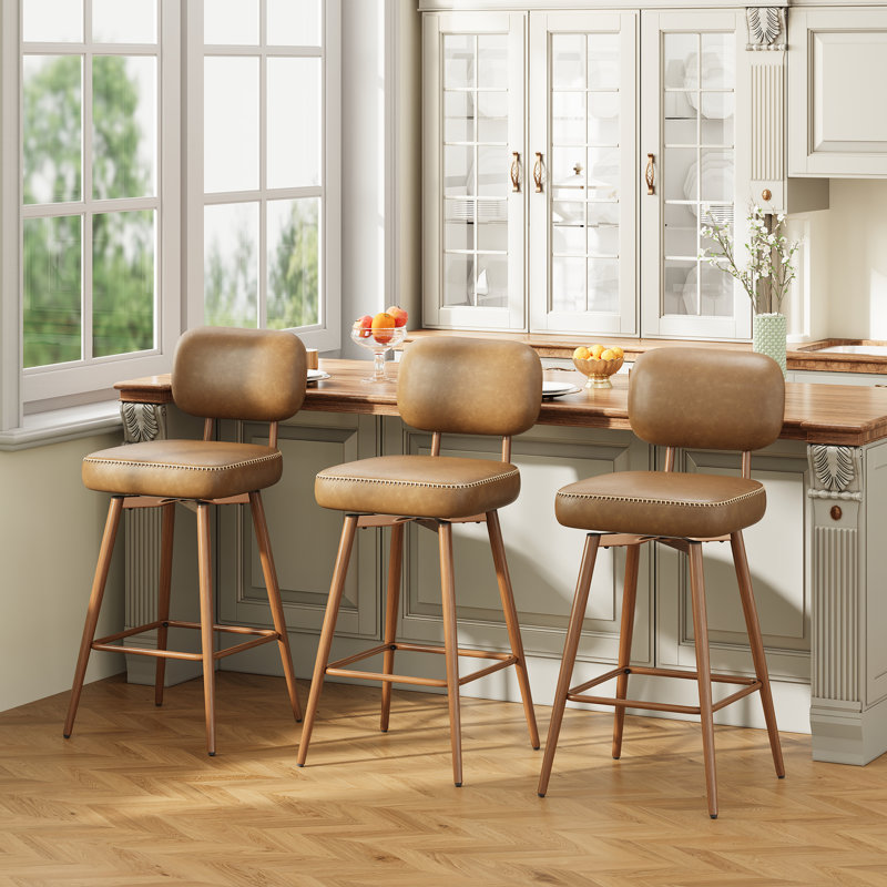 Modern Swivel Upholstered Counter Stools with Metal Frame, Brown