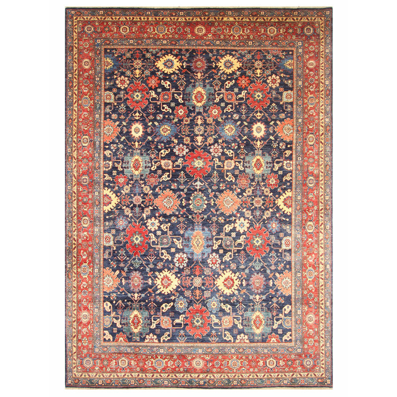 Tapis bleu et rouge noué à la main de haute qualité
