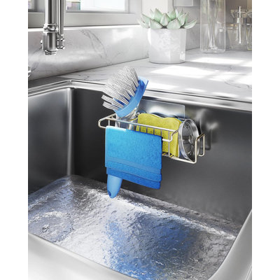 Porte-éponge pour évier de cuisine - Organisateur d'évier de cuisine sans perceuse, acier inoxydable 304 antirouille, nickel brossé, porte-serviette et brosse, conception peu encombrante