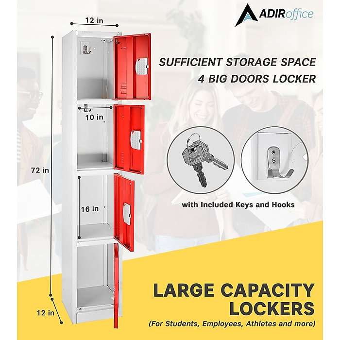 Casier à 4 portes en acier 72 po x 12 po x 12 po à 4 niveaux avec serrure numérique - Rangement pour employés et étudiants pour les écoles, la salle de sport, le lieu de travail - Comprend les crochets, la ventilation et le porte-carte - Assemblage facile