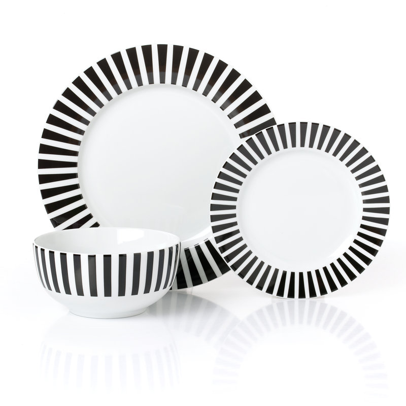 Waterside 12pc Colour Stripe Porcelain Dinner Set, Black/White