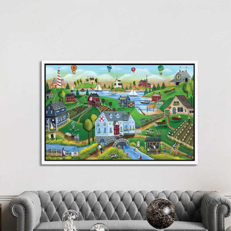 Village By The Sea With Hot Air Ballons by Cheryl Bartley - Print on Canvas, 152.5 cm H x 101.5 cm W, White Framed
