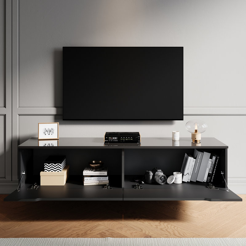 Floating TV Cabinet with RGB LED Light, Wall Mounted TV Stand, Soft Close Flip Doors Cable Hole, 30cm H x 140cm W x 35cm D