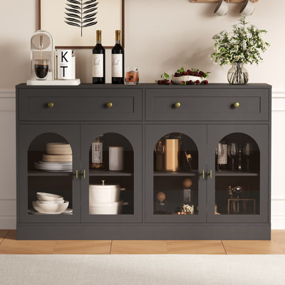 55 in White Fluted Buffet Cabinet, Modern Sideboard with Drawers & 4 Transparent Acrylic Doors, Wood Kitchen Storage Cabinet for Dining Room, Living Room Accent Furniture