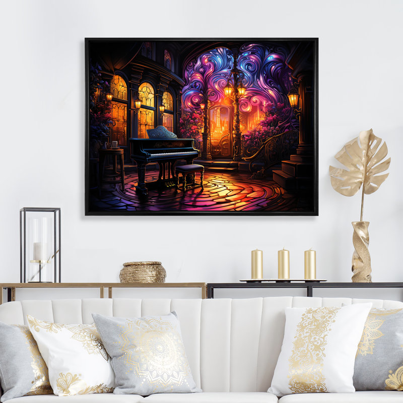 «Gothic Piano Chruch Melody - Piano Wall Art», Cadre flottant noir, H 34 po x l 44 po x P 1,5 po