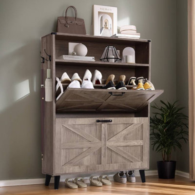 Armoire de rangement pour chaussures 30 paires avec 2 tiroirs rabattables et tablette ouverte