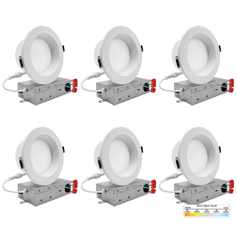 4 po. Plafonnier encastré encastré Canless, 10 W 800LM, 5CCT 27K-50K, Triac à intensité variable 120V 6PK