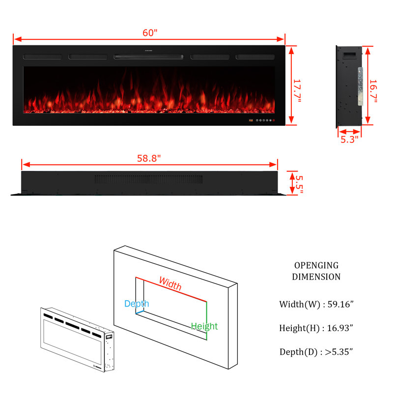 Abria Smart Electric Fireplace Inserts, 17.7" H x 60" W x 5.5" D