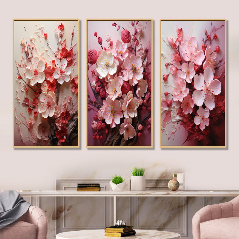 «Pink Orchard Tree Ballet Of Cherry Blossoms I», ensemble de 3 reproductions d'art mural cerisier, Cadre flottant brun