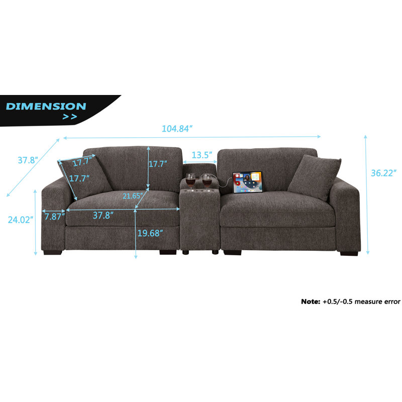 Upholstered Loveseat Couch with Cup Holder Usb Console, Dark Gray