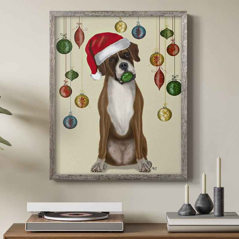 «Christmas Boxer and Bauble Ball», reproduction encadrée - bois massif, H 15 po x l 12 po