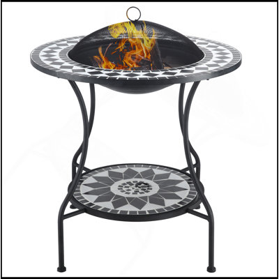 Table de salle à manger avec foyer d'extérieur 30 po, bol à feu de bois rond 3 en 1, seau à glace de patio avec tablette de rangement, pare-étincelles pour barbecue, feu de camp, camping, mosaïque