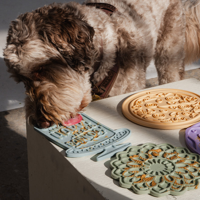 Tapis Dexypaws: Enrichment Lick: Seafoam Bark Day Bash - plat à manger pour chien en silicone rainuré, épandage de gâteries sur le tapis, apaisement des animaux de compagnie, dossier d'aspiration