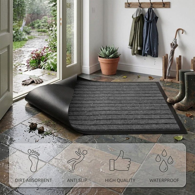 NON-SLIP RUBBER DOOR MAT - INDOOR/OUTDOOR USE, 60cm W x 90cm L, Grey