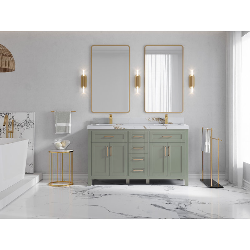 Meuble-lavabo double 60 po avec plateau en quartz Cambridge, Or