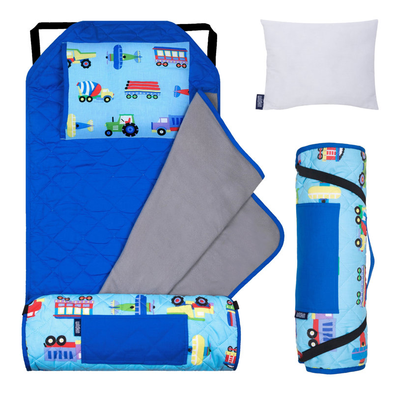 Wildkin Modern Kids Nap Mat – Soft Cotton Blend with Pillow & Elastic Straps for School & Travel - Trains, Planes, and Trucks