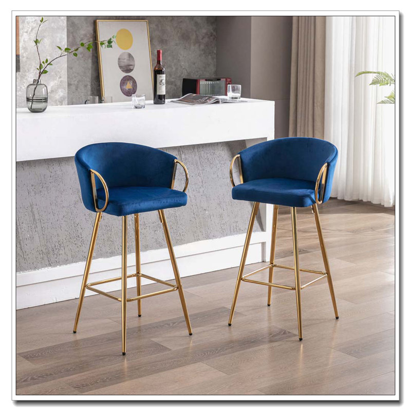 Tabourets de bar, avec repose-pieds chromé et base en velours + tabouret de bar simple Golden Leg, Bleu