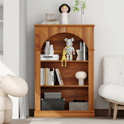 3-Tier Arched Open Bookshelf, Traditional Freestanding Bookcase With Decorative Beaded Trim, Light Walnut Wood Display Shelf For Living Room, Home Office, Bedroom, And Hallway