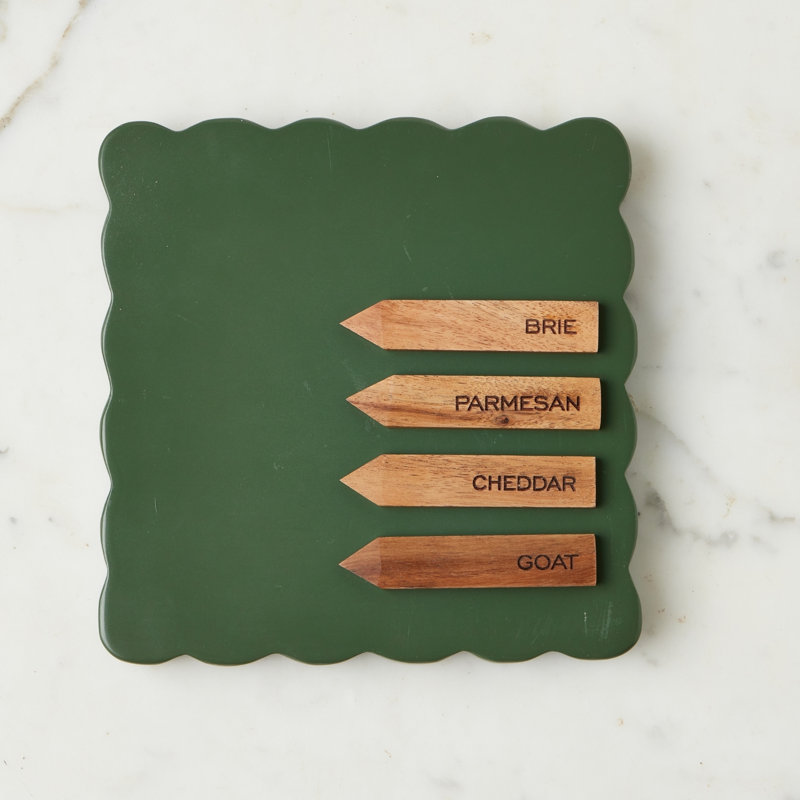 Scalloped Square Cheese Board with Cheese Markers - Spruce Green, Spruce Green