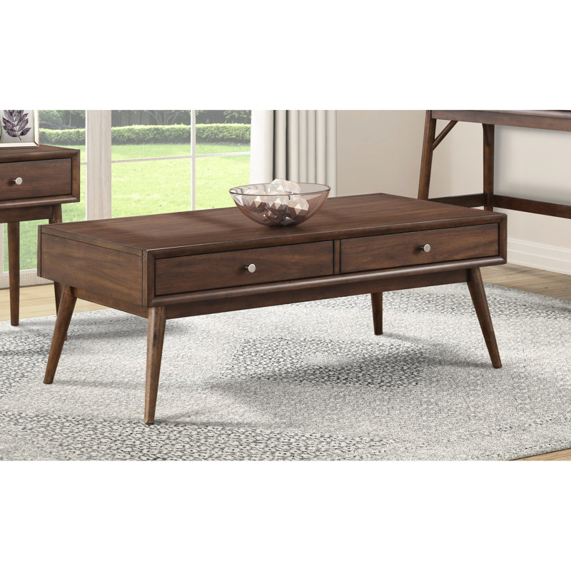 Table basse de salon 2, style rétro moderne, placage noyer, 2 tiroirs, fini marron.