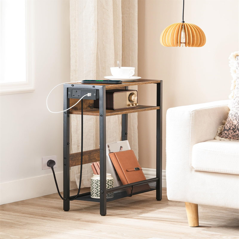 Charging Station, Narrow, Slim Side Table with Storage, Brown
