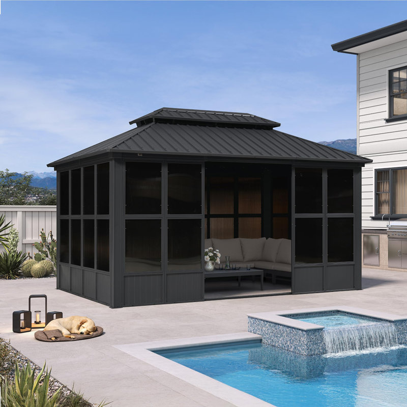 PURPLE LEAF 10'W x 15'D Bronze Aluminum Solarium with Double Roof All-Weather Hardtop Gazebo & Screen House for Patio