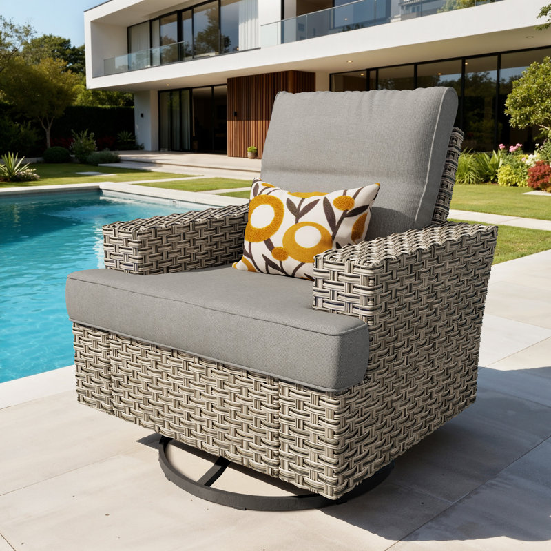 Carolle Outdoor Wicker Swivel Rocking Chair With Cushions, Wide-Arm Patio Lounge Chair For Porch & Backyard, Dark Gray