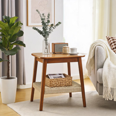 23" Mid-Century Side Table with Woven Shelf, Boho Storage Side Table, Multifunctional Bedside Table for Living Room, Patio and Home Office