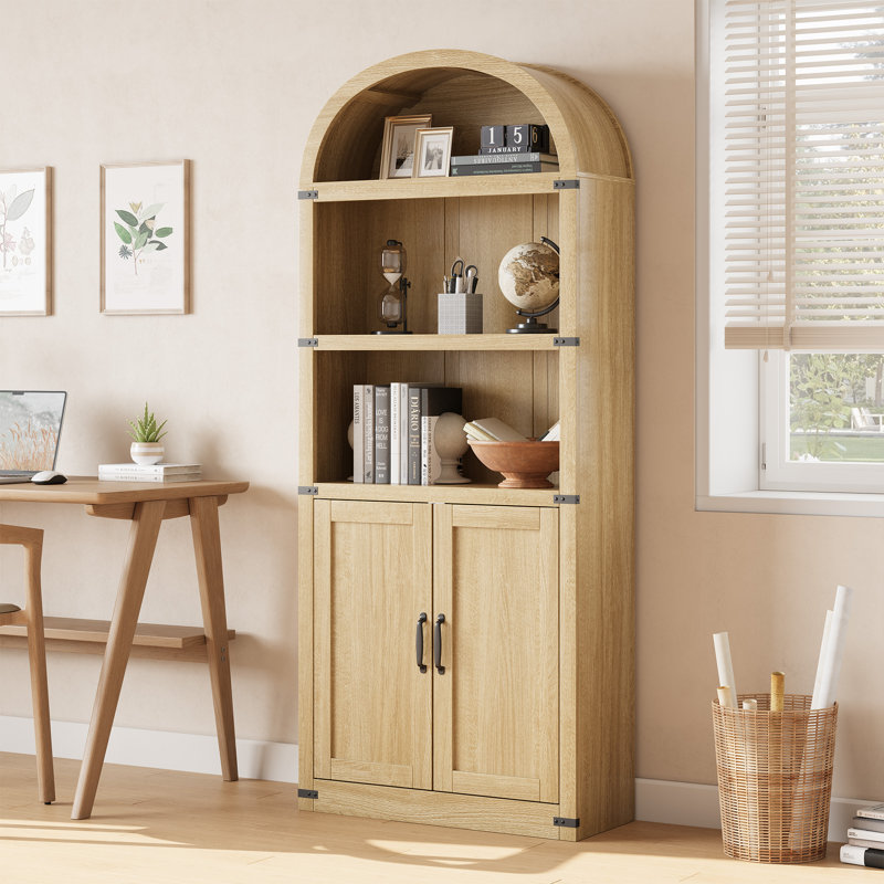 71.65" Tall Arched Bookcase with 2 Doors – Farmhouse Cabinet with Shelves for Home Office, Living Room (Natural), Yellow