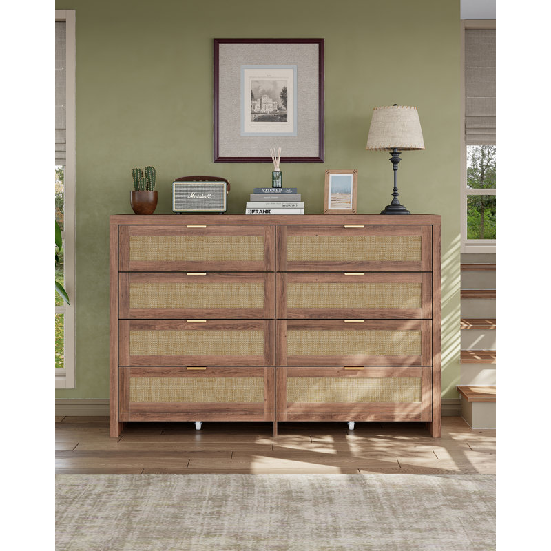 8-Drawer Rattan Dresser with Rolling Wheels, Walnut