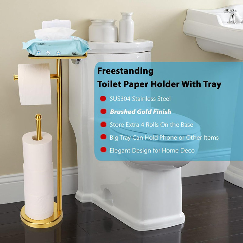Porte-papier hygiénique sur pied - Finition dorée, avec plateau et tablette, rangement pour 4 rouleaux supplémentaires